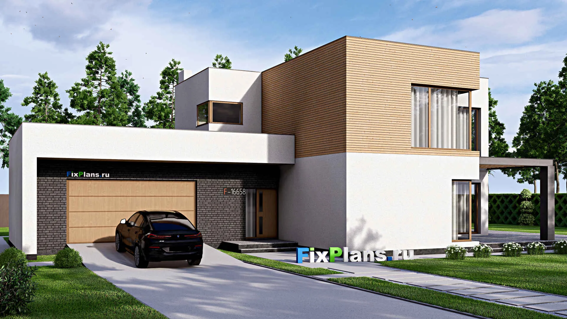 F-16658 - Проект двухэтажного дома 17 на 24, площадью 340 м² с террасой, гаражом на 2 машины и 3 спальнями